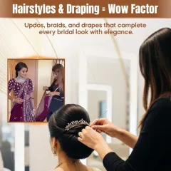 Mastering bridal hairstyling is essential for a successful career. We train our students to create elegant and timeless updos, ensuring every detail is perfect for a bride's special day, from the smooth bun to the delicate placement of accessories.