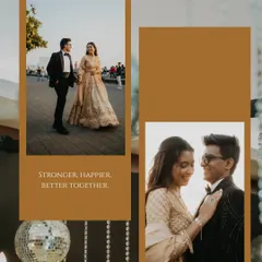 A stylish collage from a Marine Drive photoshoot. It combines a full-length shot of the couple walking with an intimate close-up, telling a story of being stronger together.