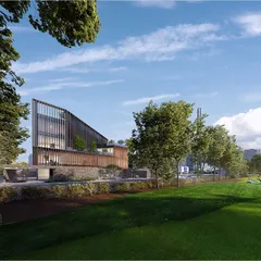 A proposal for a commercial building overlooking a golf course, featuring a facade of vertical wooden louvers. These screens provide sun shading while offering filtered views of the landscape, creating a dynamic and context-sensitive design.