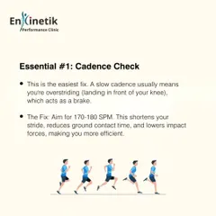 Essential number one is the Cadence Check. A slow cadence, typically below 165 steps per minute, often means you are overstriding and braking with each step. Aiming for 170-180 SPM is one of the quickest ways to become more efficient.