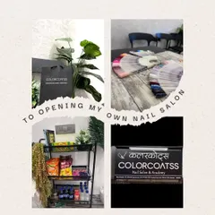 The next step in my journey was opening my own nail salon. This collage shows some details of the studio, including my extensive color swatch collection and the snack cart I keep stocked for my clients.
