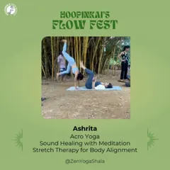 This graphic announces my offerings at Hoopinkai's Flow Fest. I'll be guiding sessions in Acro Yoga, Sound Healing with Meditation, and Stretch Therapy for Body Alignment.