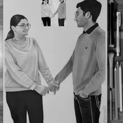 This is a graphite pencil sketch on A3 paper, showing a candid moment between a couple. The black and white style gives it a timeless, classic feel, focusing on their expressions and connection.