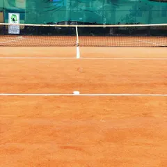 A close-up view of the net and the perfectly lined clay court surface at my academy.