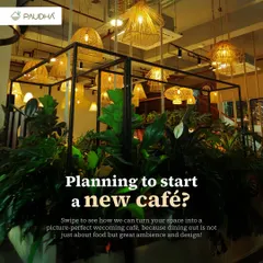 For a cafe, ambiance is as important as the coffee. Here, I used a combination of abundant greenery and warm, woven light fixtures to create a welcoming, picture-perfect atmosphere that invites customers to stay a while.