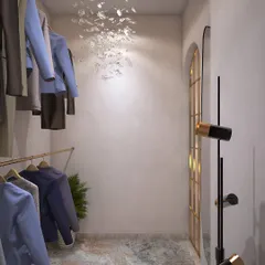 Another view of the minimalist walk-in closet, showing the full-length mirror and the elegant, uncluttered layout.