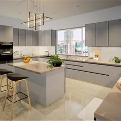 This 3D render showcases a concept for a pristine island kitchen with back-painted glass shutters and a black aluminum profile. The design emphasizes a minimalist, all-white palette to create a sense of purity and airiness, perfect for modern living.