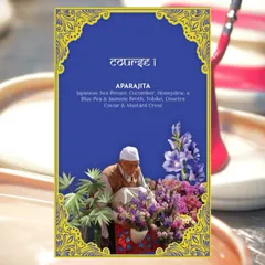 The menu card for "Aparajita," the first course of our fragrance-themed dinner, featuring Japanese Sea Bream in a blue pea and jasmine broth.