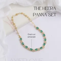 The first, more delicate layer of the Heera Panna necklace. This piece can be worn on its own for a touch of elegance, featuring oval cut emeralds set between sparkling diamond floral motifs.