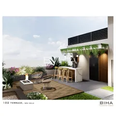 Another perspective of the "102 Terrace" project, focusing on the custom bar and fire pit area. The design uses a mix of materials and hanging greenery to create a relaxed, resort-like atmosphere perfect for social gatherings.