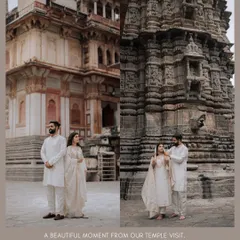 A beautiful collage from a temple visit, showcasing the couple in serene poses against the ancient, carved stone architecture.