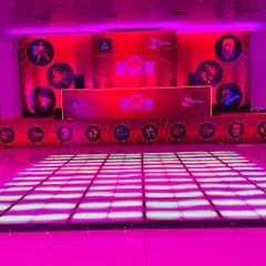The main stage and dance floor for the ITC company party. We installed a large LED dance floor and a fully branded backdrop to create a high-energy party zone.