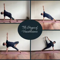 This collage shows the progressive stages of Vasisthasana, or Side Plank. Our training focuses on breaking down poses like this, so you can practice and teach them safely, from the basic form to the full expression.