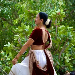 A graceful pose in a traditional Indian dance costume. This showcases my foundation in classical and folk dance forms, which adds depth to my choreography.