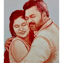 A tender moment between a couple, captured forever in a custom blood portrait. I focus on conveying emotion, making these pieces perfect for anniversaries and special gifts.