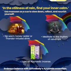 In the stillness of rain, find your inner calm. This image suggests a monsoon ritual of sipping a warm honey-water or Thandai-infused drink while meditating to the rhythm of raindrops.