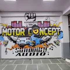 We brought high-octane energy to Motor Concept in Mayapuri, Delhi, with this custom car graffiti. This piece combines dynamic typography, brand logos, and automotive illustration to capture the excitement of car culture.