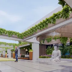 A serene office terrace concept designed as a corporate retreat. The space features lush greenery cascading from pergolas, comfortable seating areas, and a peaceful Buddha statue to help employees unwind and rejuvenate.
