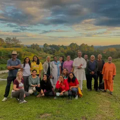 Our sangha, our community, sharing a moment of togetherness against the backdrop of the Palampur mountains. People from all walks of life come as strangers and leave as family after a shared journey of yoga and self-discovery.