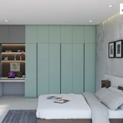 This 3D design showcases a bedroom concept with a floor-to-ceiling sliding wardrobe and an integrated study nook. We use these renders to perfect the layout and functionality.