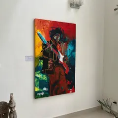 My Jimi Hendrix painting on display in the gallery. This 5x3 feet acrylic on canvas is all about capturing the electrifying energy of a live performance through bold color and movement.