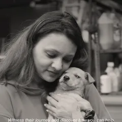 A volunteer shares a tender embrace with a small puppy at a shelter. This black and white image captures the profound love and dedication that fuels rescue work, a central theme in our documentary project.