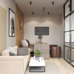 This 3D render shows a private office designed for executive meetings, featuring a textured feature wall, sophisticated furniture, and a glass partition for an open feel.