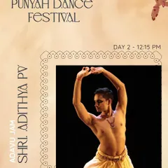 The schedule for Day 2 of the Punyah Dance Festival, featuring an Adavu Jam session with Shri Adithya PV.