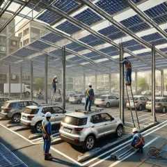 We can transform any open parking area into a solar power hub. This image shows our team installing a multi-car solar canopy, a perfect solution for housing societies and commercial buildings.
