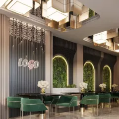 This section of the restaurant incorporates biophilic design with vertical green walls set within arched niches. The combination of natural elements with modern lighting and dark paneling creates a sophisticated yet refreshing ambiance.