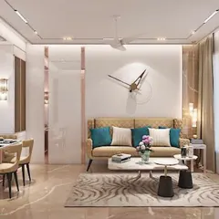 Even compact apartments can feel incredibly luxurious. This living and dining space uses a cohesive palette of beige and gold, with mirrored panels and smart lighting to create a sense of spaciousness and elegance.