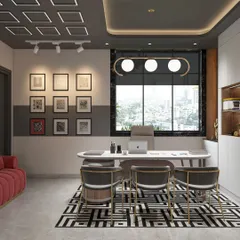 An executive cabin that balances modern design with a commanding view. The geometric rug, gallery wall, and statement lighting create a sophisticated atmosphere for leadership.