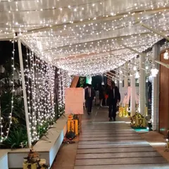 Creating a memorable arrival experience is crucial. This fully illuminated walkway tunnel, crafted with thousands of fairy lights, provided a magical entrance for guests at a corporate evening reception.
