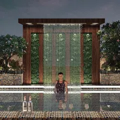 This is a wider view of the Lonavala infinity pool project. You can see how the rain curtain serves as a stunning backdrop, while another smaller fountain adds a secondary point of interest, creating layers of luxury.