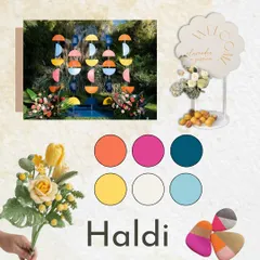 The initial mood board for the 'Sunny Side Up' Haldi. We envisioned a playful theme with a bright, citrusy color palette, whimsical shapes, and fun, modern elements.