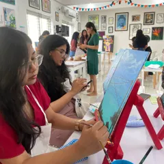 A view of our canvas painting workshop in session. With easels set up and artists at work, our studio is always buzzing with creative energy.