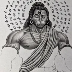 A portrait of Hanuman ji in deep meditation, with "Shri Ram" written in a circular pattern. This is a highly detailed and spiritual piece.