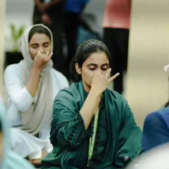 A moment of calm as students practice Anulom Vilom, or alternate nostril breathing. This pranayama technique is a core part of my classes, helping to balance the mind, improve focus, and prepare the body for deeper practice.