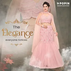 The elegance everyone notices. This graphic showcases a beautiful baby pink fish-cut lehenga with a cape, a perfect rental for a modern reception look.