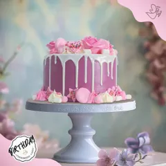 A lovely pink drip cake decorated with delicate roses and meringue kisses. This charming and elegant design is perfect for a sweet and stylish birthday party.