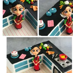 Close-up shots of the kitchen cake, focusing on the expressive, hand-sculpted figurine of the birthday woman in her saree.