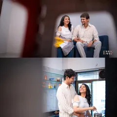 A collage of cozy moments from an at-home pre-wedding shoot. I use creative framing to capture candid interactions, like peeking through a doorway, to tell a more intimate story.