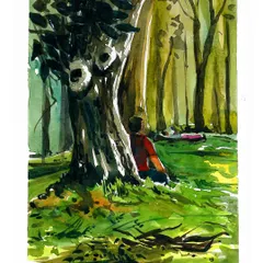 A finished watercolor piece from a beautiful day in Cubbon Park. I focused on capturing the play of light and shadow on the grass and the quiet figure resting under the large tree.