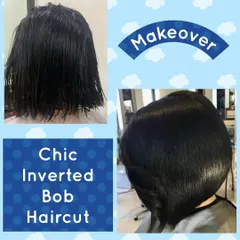 A classic and chic inverted bob haircut. This style is shorter in the back and longer in the front, creating a sharp, geometric line that is both modern and timeless.