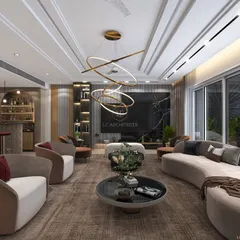 A concept render for a luxurious living room featuring a curved sofa, a statement chandelier, and an integrated home bar. The design focuses on creating a grand yet inviting atmosphere for hosting and relaxation.