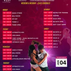 The complete weekend and weekday class schedule for our Vasanthnagar studio. Find classes in Dance Fitness, Bollywood, Hip-Hop, Tango, Kizomba, Salsa, Bachata, and more.