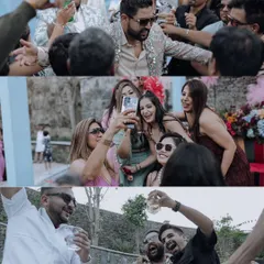 A collage of candid moments from a party, showing guests taking selfies, sharing drinks, and enjoying the celebration.