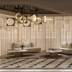 This waiting area is a symphony of light, texture, and refined details. The illuminated wall panels create a sense of rhythm and depth, while the geometric chandelier adds a modern artistic touch. The space is designed to feel both grand and intimately welcoming.