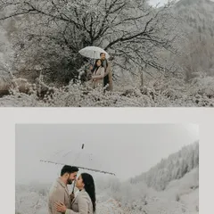 A winter fairytale in the snow-covered landscapes of Almaty, Kazakhstan. We specialize in capturing romance in any climate, using the serene, white backdrop to highlight the warmth and connection between a couple under a shared umbrella.