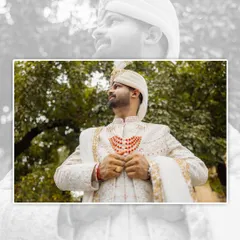 A creative and artistic portrait of the groom, with a faded overlay effect. He looks off to the side with a smile, creating a modern and stylish shot.